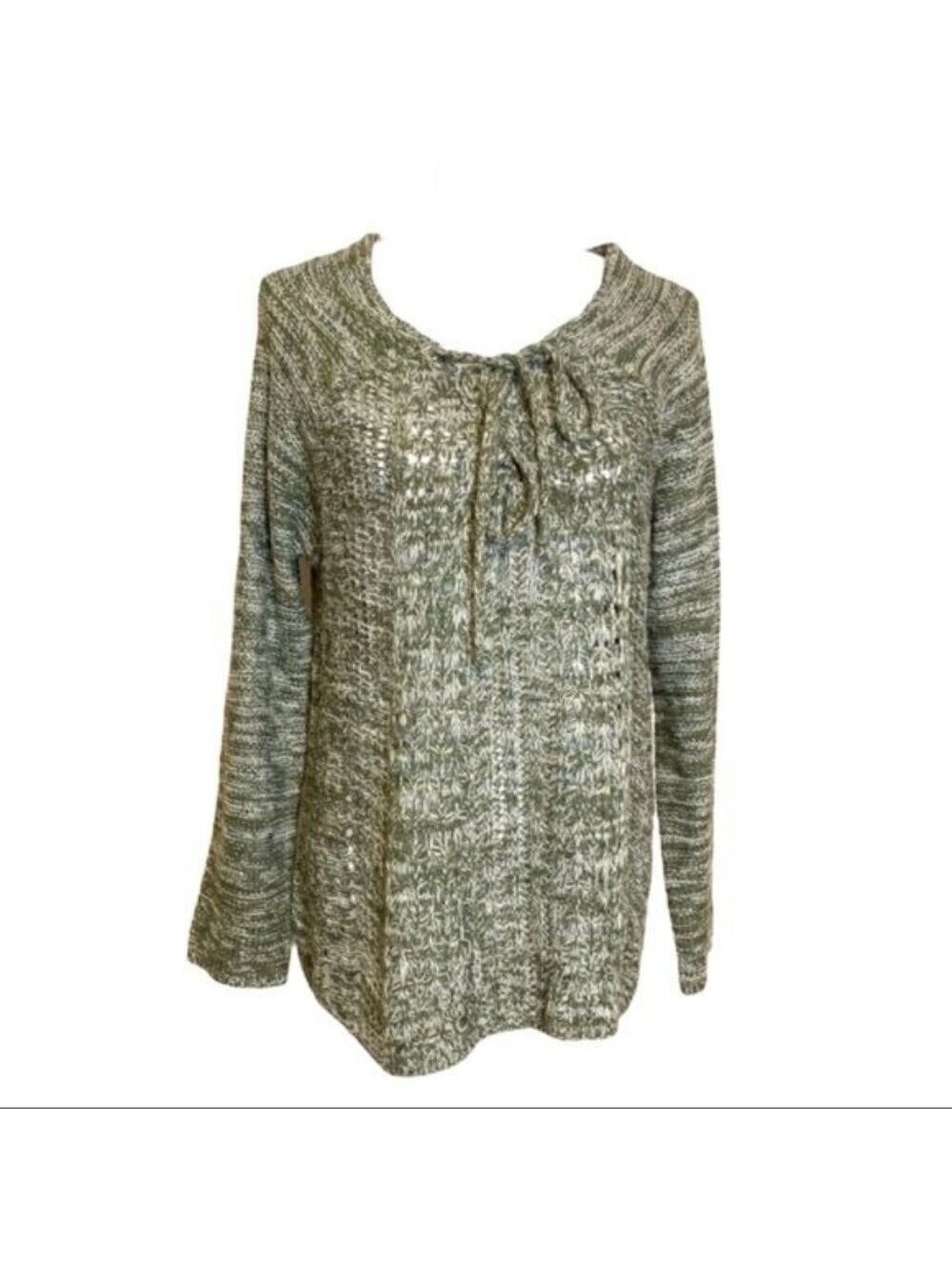 Anthropologie Love Marks Green Marled Pointelle Lace Up Sweater Large